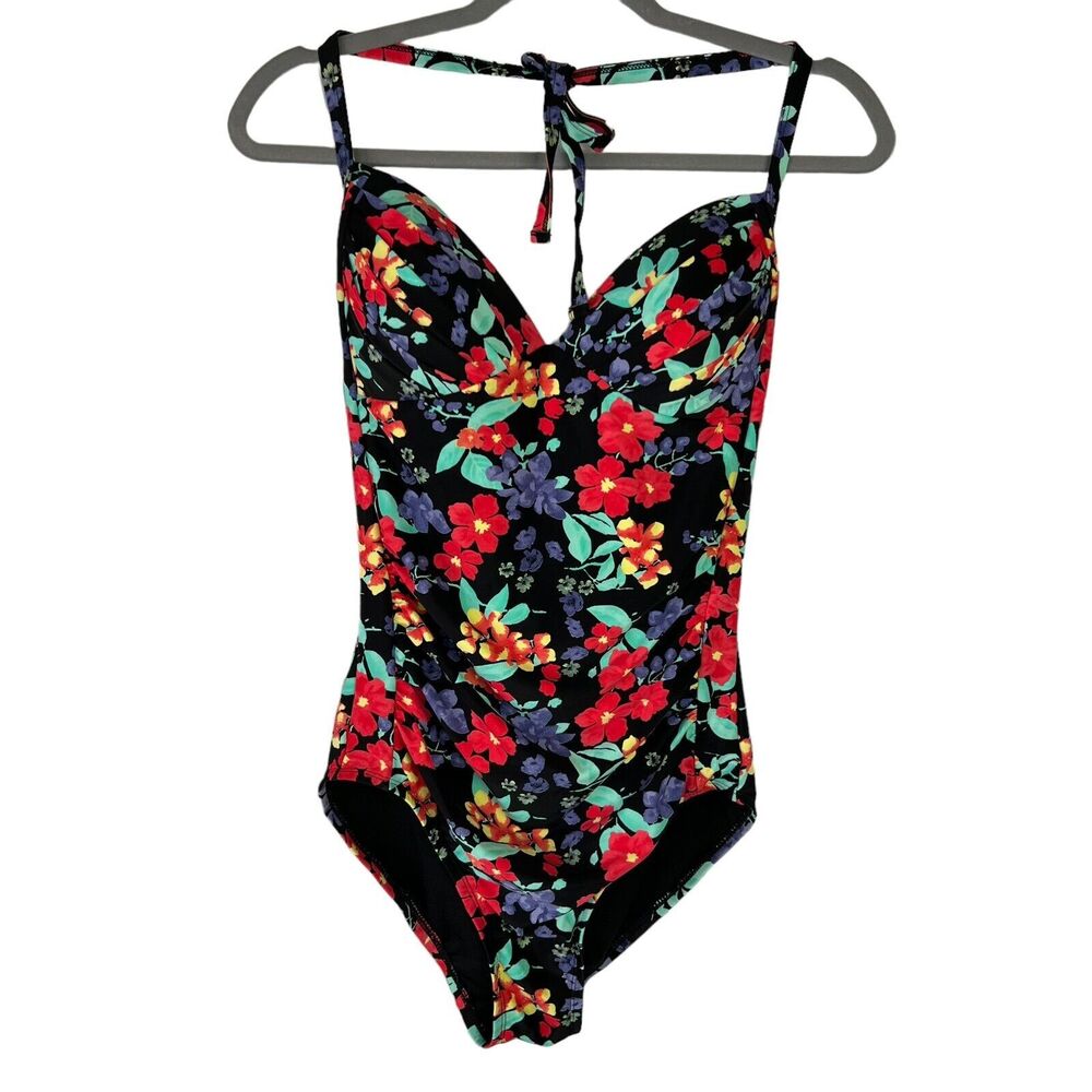 Firpearl One Piece 10 Halter Neck Tie Ruched Tummy Control Black Floral Swimsuit